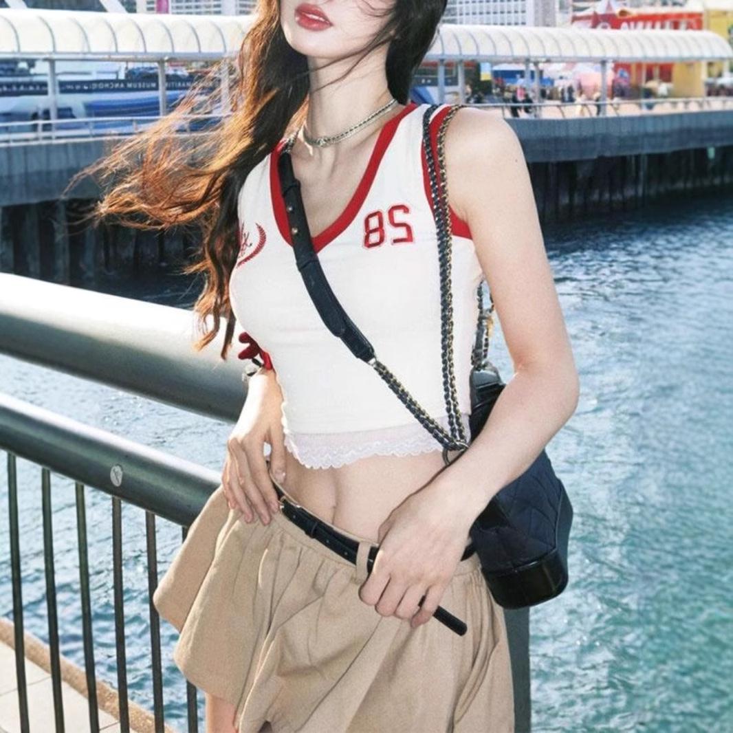 

Women s Summer Retro Color Block Lace Trim Slim Fit Tank Top L Premium