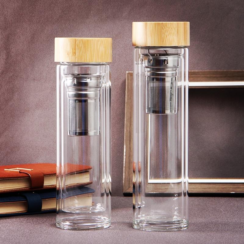 450ml 500ml Travel Glass Water Bottle with Stainless Steel Tea Infuser Filter Double Wall Glass Bottle Tumbler Bamboo Lid