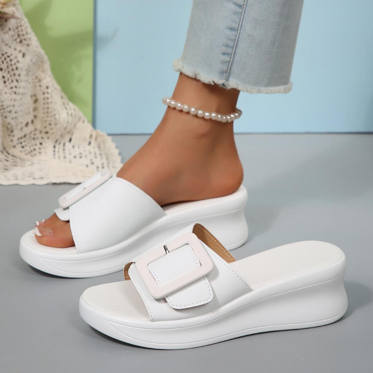 

Korean simple solid color square buckle wedge slippers women wear new women s shoes Bohemian one-word slippers 37 белый