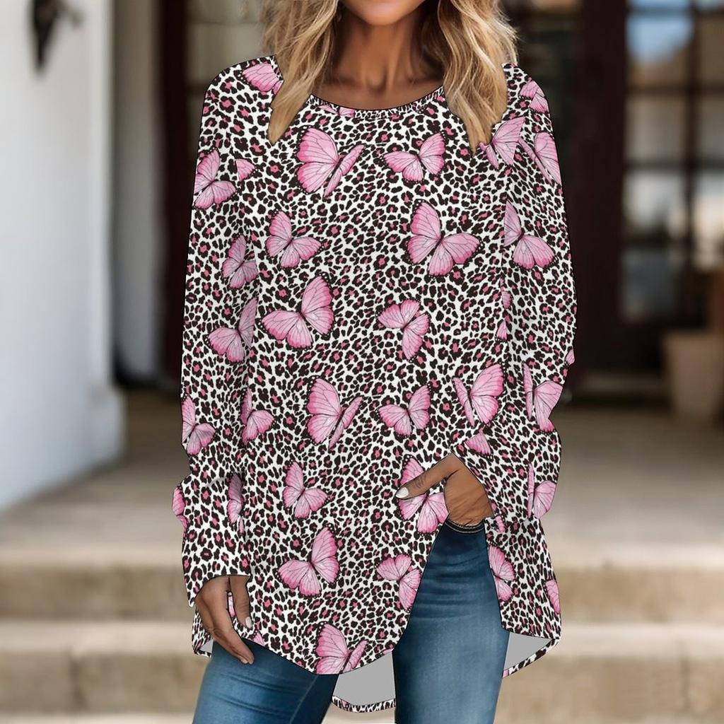 Women Long Sleeve Tunic Top Print Crew Neck Loose Fit Blouse With Pockets Casual Daily Wear Ladies Tops