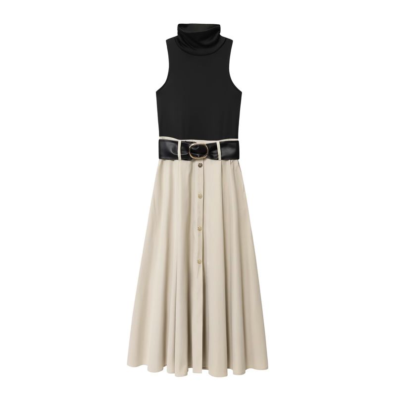 

Kaslead New Women clothes Western Style Fashion Simple Patchwork Belt Dress 0387156 Colorblock L