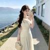 Korean gentle style, one word shoulder waist slim suspender long dress temperament dress summer