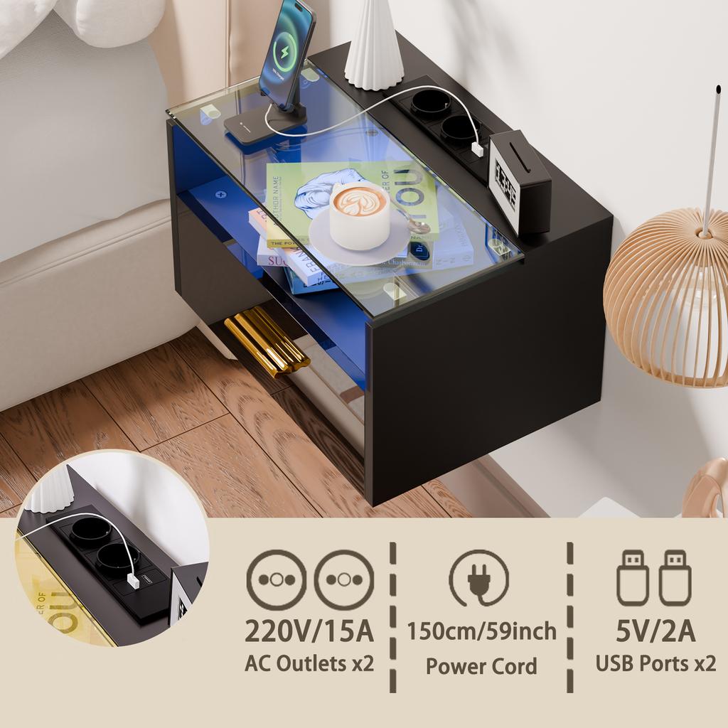 Wall-mounted Bedside Table with Lights 3-Tier 2AC/2USB with Drawer Wood Bedside Multifunctional Cabinet Tempered Glass Top Shelf