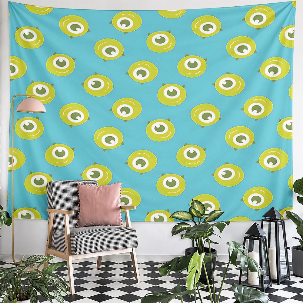 Wide Wall Tapestry Mike Wazowski One-Eyed Green Monster Seamless Pattern, Bright Blue Cartoon Print, Horizontal Decor for Adult Bedroom Fan Collector