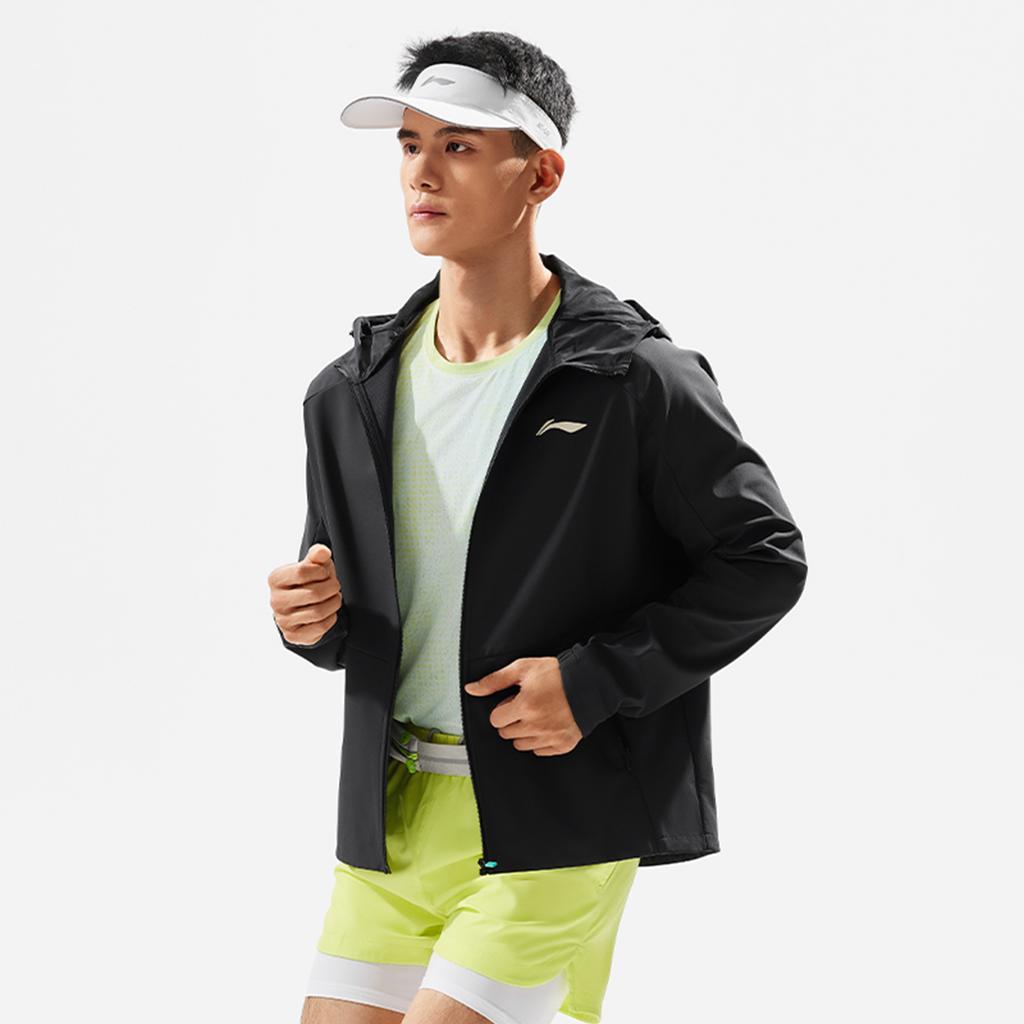 Li Ning Laufserie Wasserabweisende Kapuzen-Logo Langarmjacke Herrenjacke Schwarz AFDU351-1