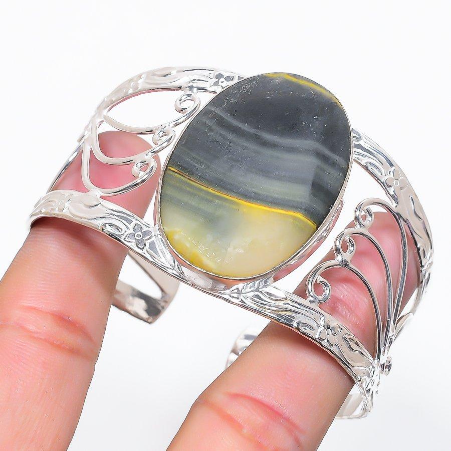 Natural Bumble Bee Jasper Gemstone 925 Sterling Silver Cuff Bangle Adj A4N69