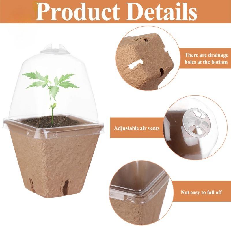 10set Seeding Starter Pots Biodegradable Fibre Paper Nursery Pots With Humidity Dome Compostable Peat Seed Plant Pots