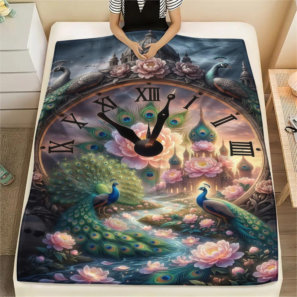 1PC Peacocks and Plants  Print FlAannel Blanket, High quality Comfortable for All Seasons, Home Decor, Warmth and Comfort