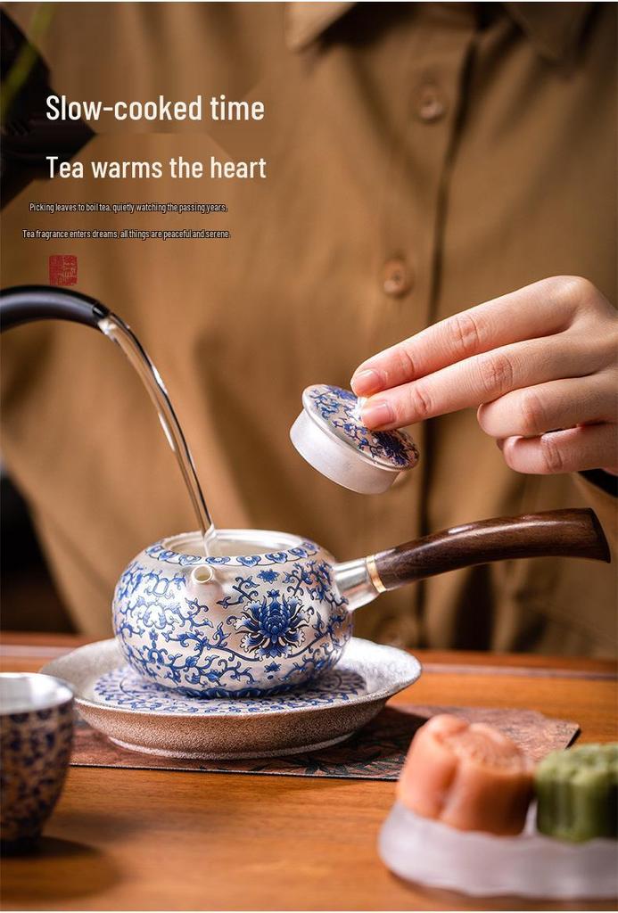 Blue & White Gilded Gongfu Tea Set: Teapot, 2 Cups & Tray In Gift Box for Home or Office.