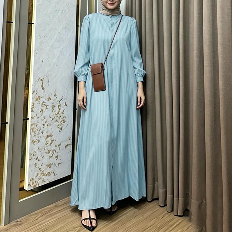 ZANZEA Women Casual Round Neck Loose Long Sleeve Stripe Dress
