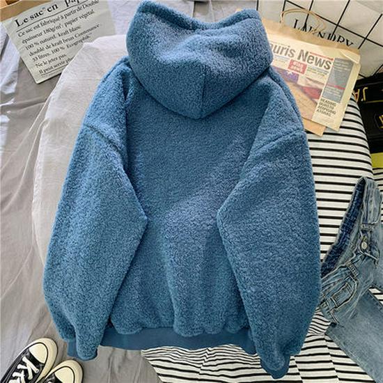 Korean Style Women's Lambswool Fleece Lined Hooded Sweatshirt Jacket - Trendy Loose Fit for Autumn/Winter