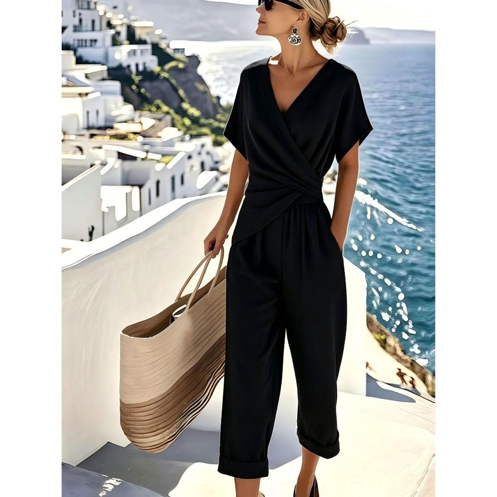 Damen 2-teilige Outfits V-Ausschnitt Kurzarm Raffung Oberteil und Cropped Hosen Set Sommer Lässig Loungewear Sets