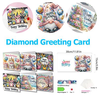 6 PCS Carte de Peinture Diamant DIY Joyeux Anniversaire Kit Carte Peinture Strass Carte Souhait Diamant Quotidien pour Cadeaux Fête