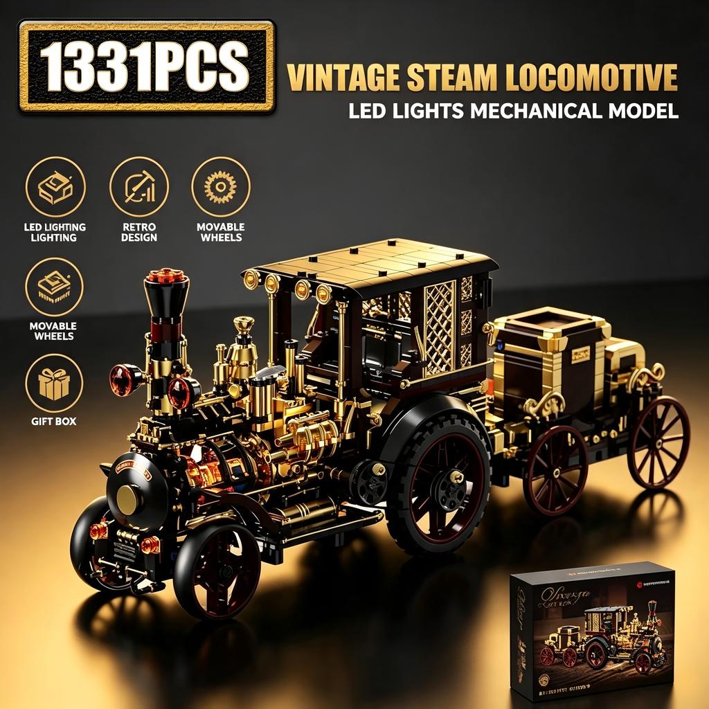 Retro Mechanical Steam Car Building Blocks Set with LED Lights MOC Vintage Home Decor Bricks Toy for Festival Gift