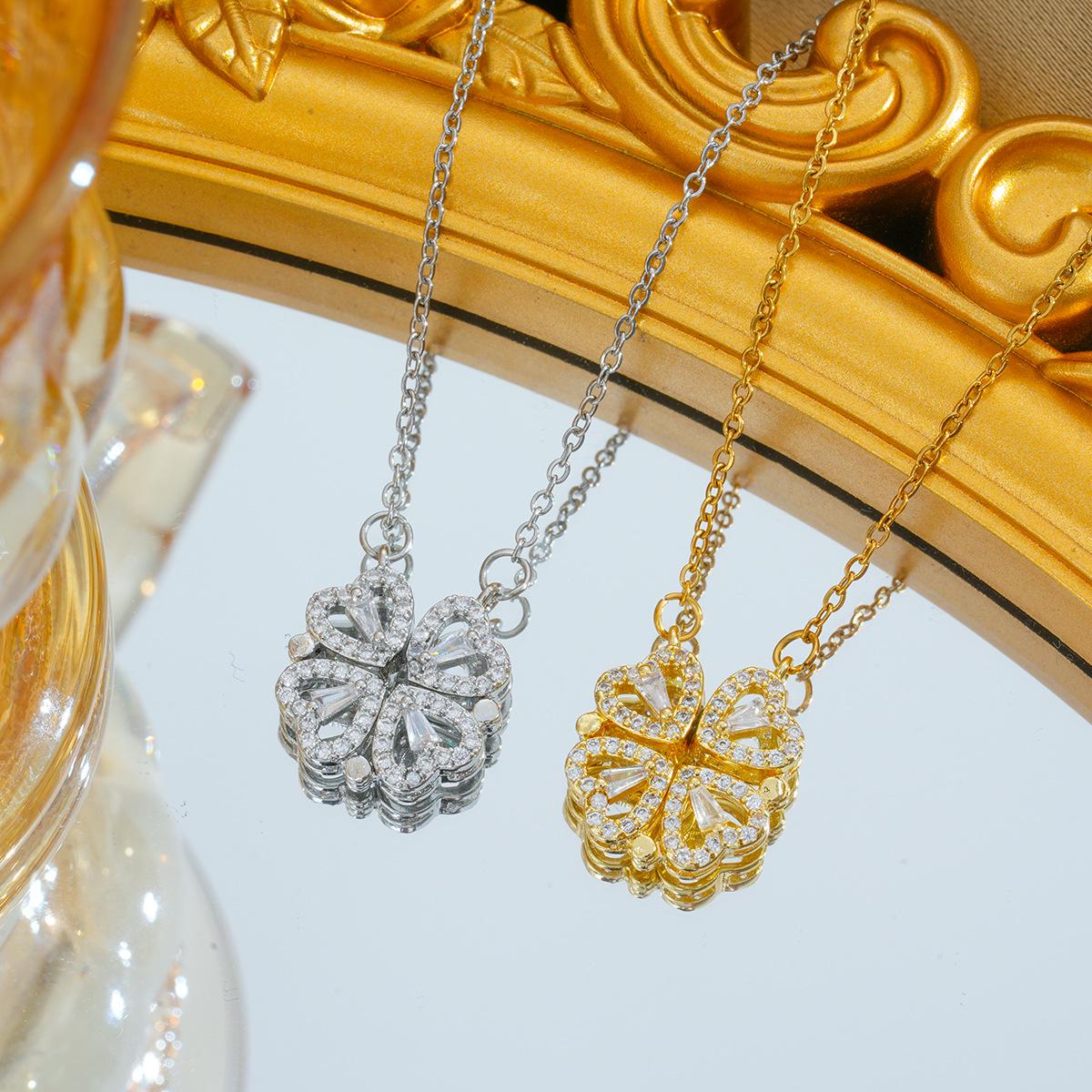 

Openable Heart Four-Leaf Clover Korean Micro-Paved Titanium Steel Necklace