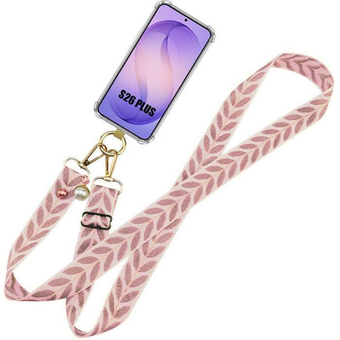 Coque pour Samsung Galaxy S26 Plus, Silicone Antichoc avec Bandoulière Rose Détachable
