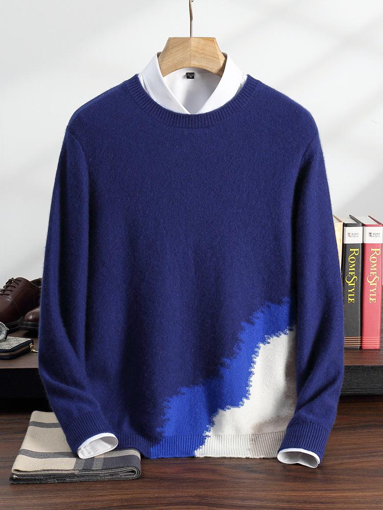 2025 Men's Autumn/Winter Color Block Cashmere Knit Jacquard Sweater - Loose Long Sleeve Base Layer