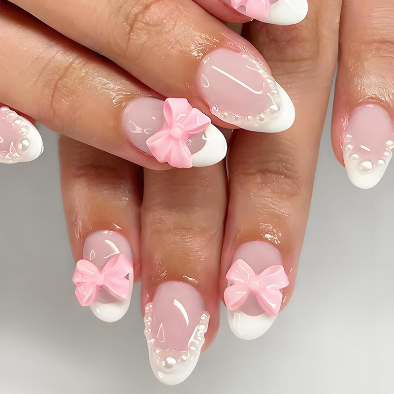 24 ks Růžový Mašle Simulace Perla Design Bílý Francouzský Akryl Krátký Press-On Nehty Sada, Pro Ženy A Dívky Denní Nošení A Večírek, Potřeby Pro Nail Art