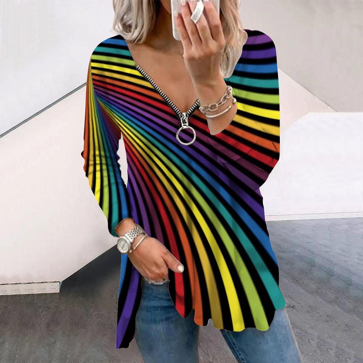 

Жіночі осінні креативні футболки з довгими рукавами з друкованими діагональними лініями, вільні футболки з v-подібним вирізом, плюс розмір, зручна блуза L різнокольоровий