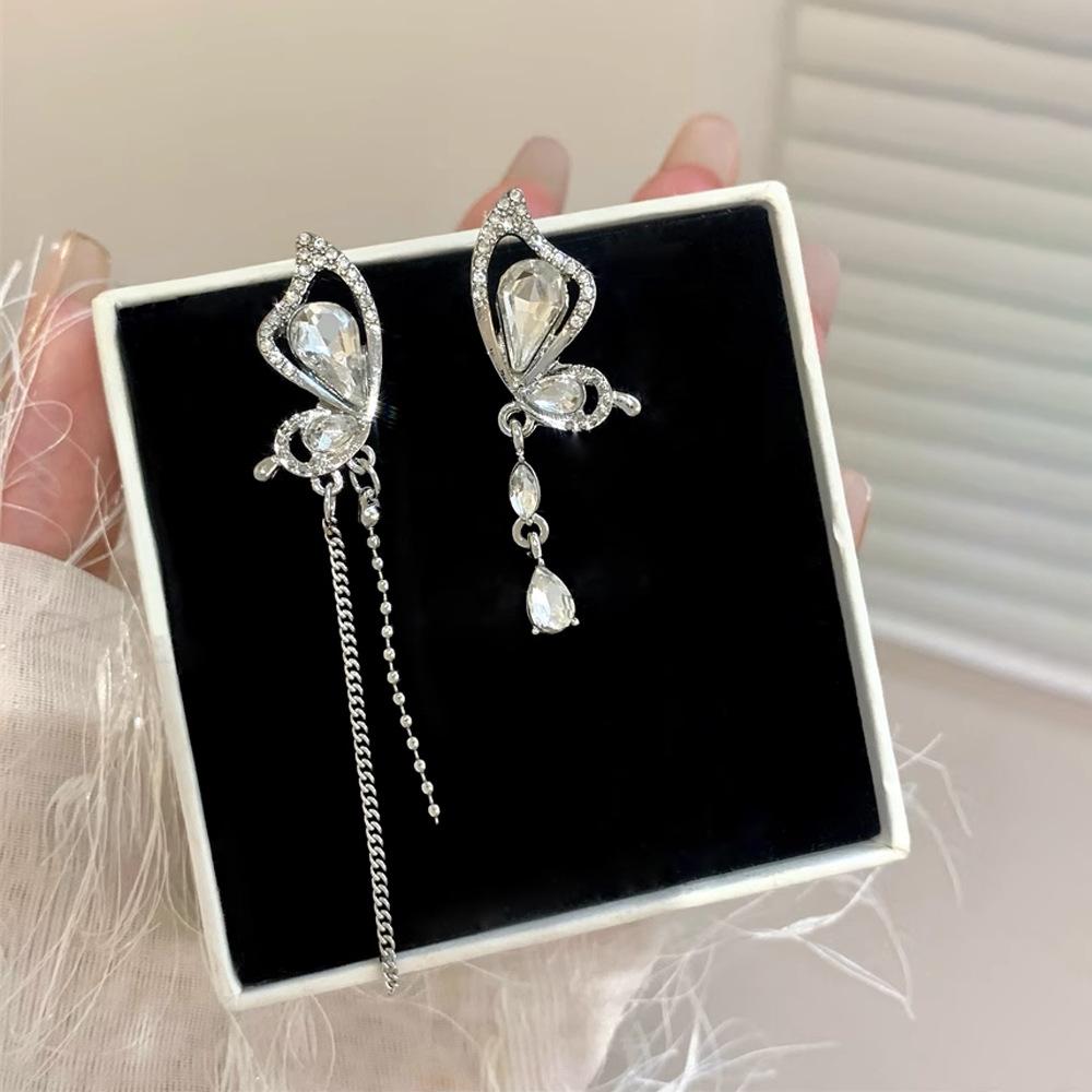 Silver Needle Diamond Asymmetrical Butterfly Tassel Earrings Korean Niche Temperament Earrings Exquisite Design Earrings Women