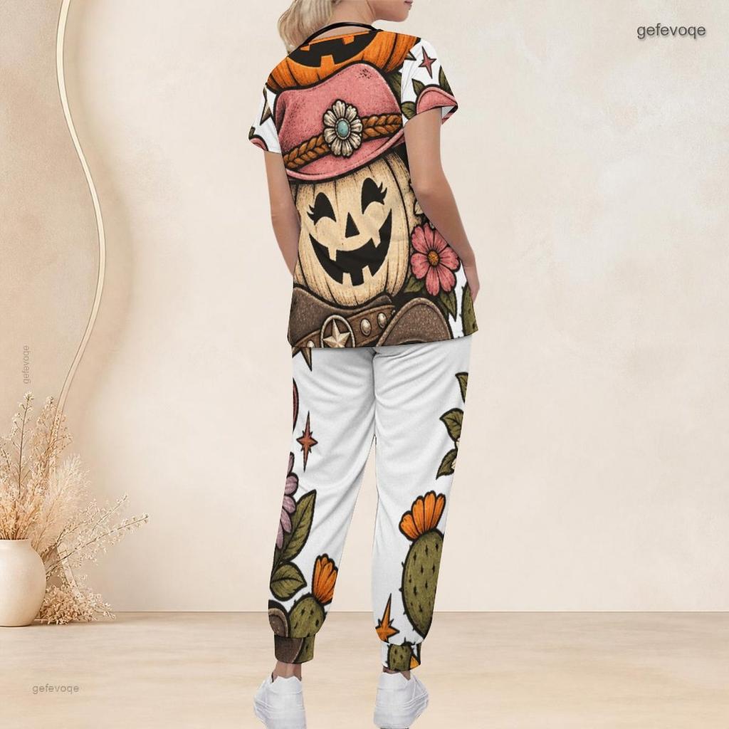 Women Plus Size V Neck Short Sleeve Scrub Set Retro Coffee Cup Floral Art Print Nurse Uniform Set