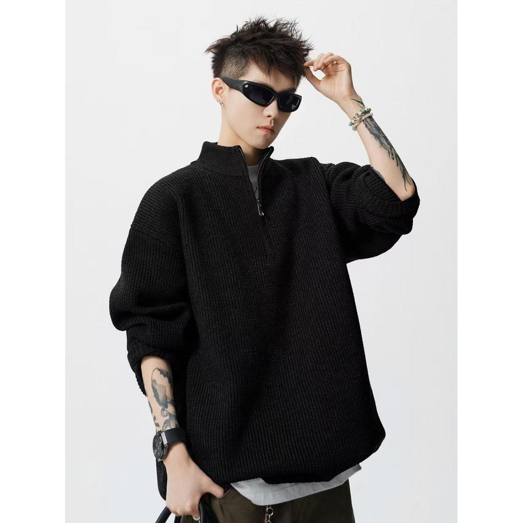 Men's High-Neck Half-Zip Loose Knit Sweater - Retro Style, Solid Color, Versatile for Autumn/Winter.