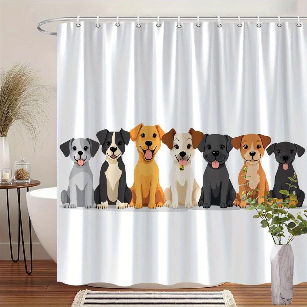 

Puppies Shower Curtain - Cartoon Design, Gray Black Tan White, Stylish, Machine Washable, 12 Hooks, Expressive Eyes, Bath Decor W60H190(CM)-1 Pcs