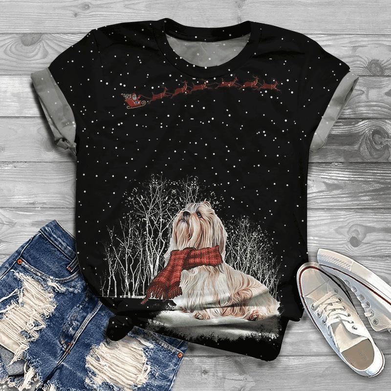 Summer New Printed Short Sleeve Top for Women, Round Neck 3D Dog Printed Women's T-shirt