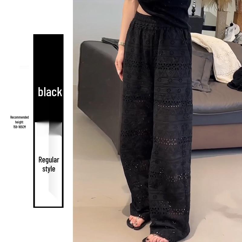 Summer 2025 Women's Lace Hollow Wide-Leg High-Waist Draping Pants - Ice Silk Cool & Casual Petite Fit