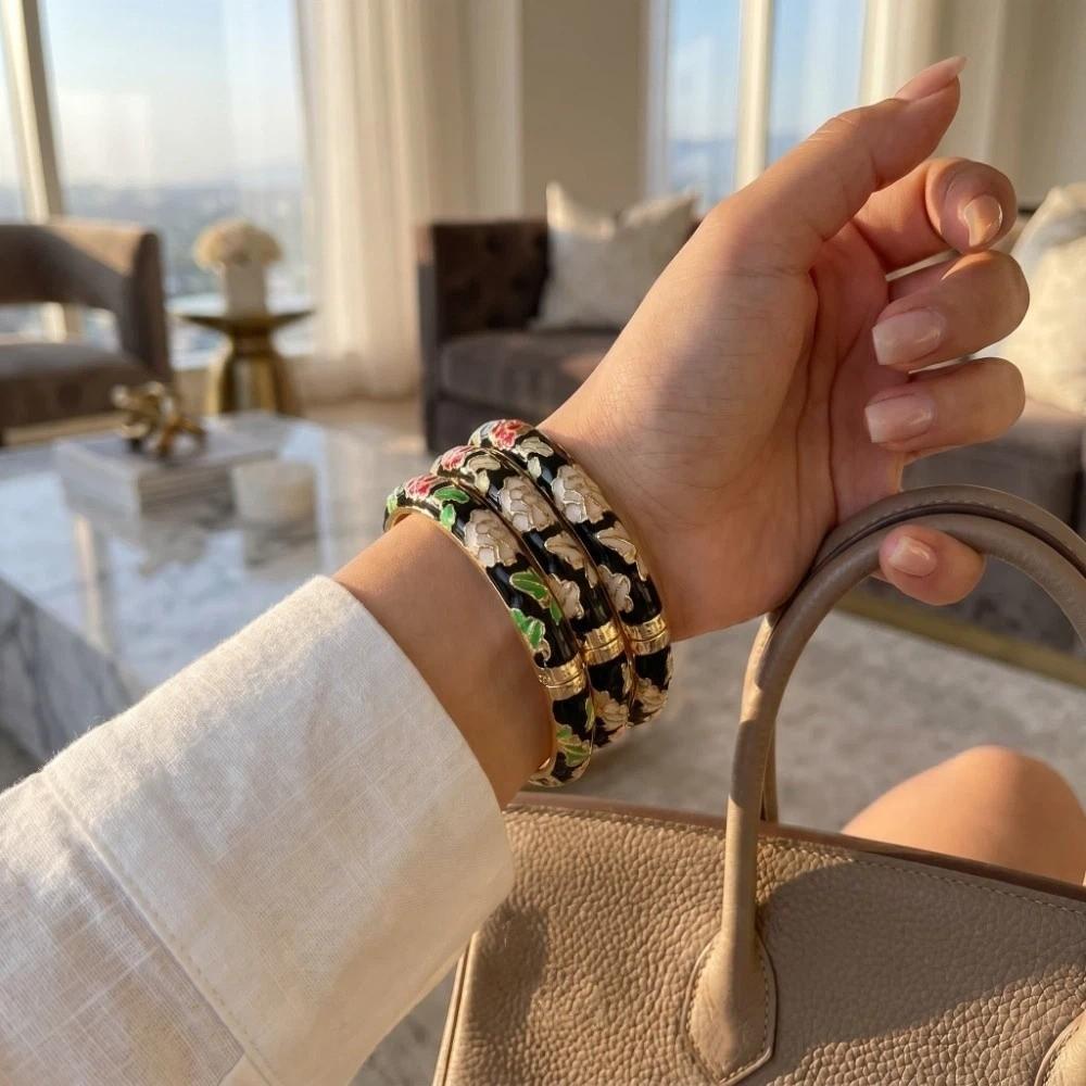 Enamel Vintage Cloisonne Bangle Floral Peony Traditional Chinese Flower Bangle Chinese Classic Women's Hand Bracelet Ladies