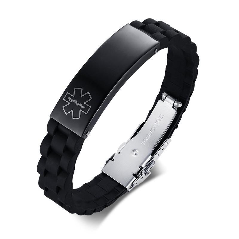 

Free Engraving Medical Alert ID Bracelet Sport Silicone Persoanlzied ICE Message DIY Length For Men And Women Children чорний
