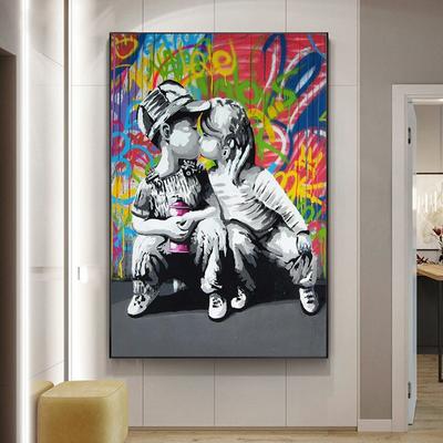 Kinder küssen Straßen-Graffiti-Kunst-Leinwandgemälde an der Wand, Kunst-Poster und Drucke, Kunst-Leinwandbilder für Wohnzimmer-Wanddekoration