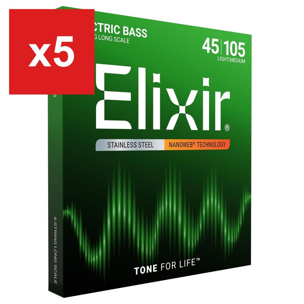 Elixir 14677 NANOWEB Stainless Steel Bass Strings, Long Scale, Light/Medium (.045-.105)
