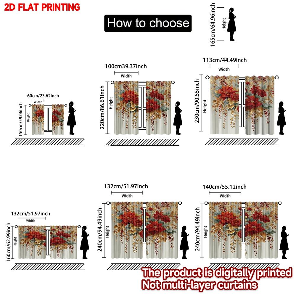 2pcs Red Yellow Floral Curtains  Digital Printing   Bright Blossom with Green Leaves Pattern Modern Window Decor for Living Room