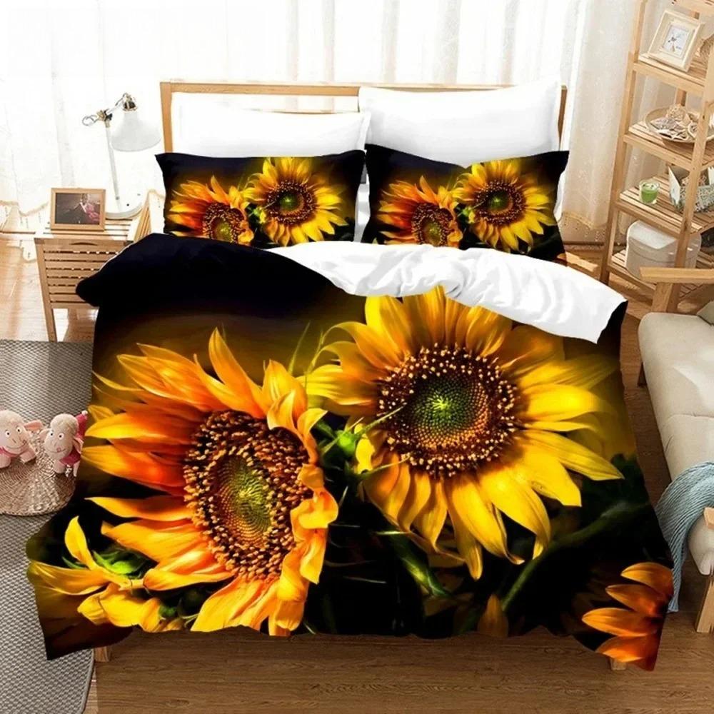Orange Sunflower Printed Bedding Set For Lover Couples Gift Flower Pattern Duvet Cover Quilt Home Use Bedlines Double Bed Quilt
