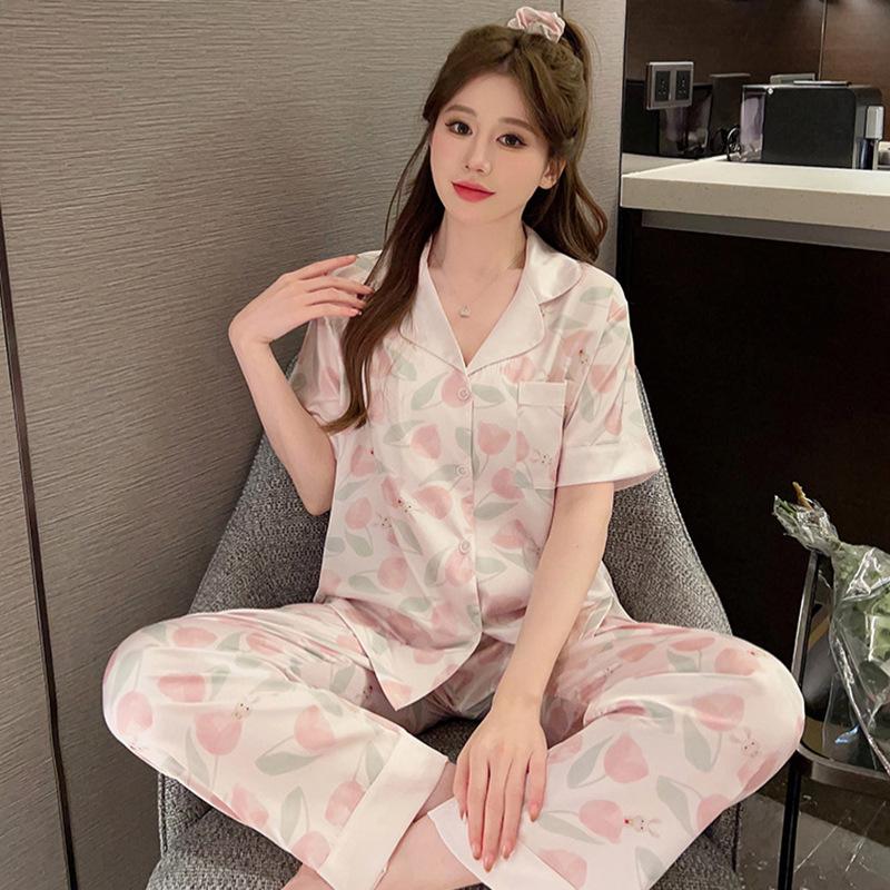 

Японская летняя пижама с принтом медведя - Женский комплект из ледяного шелка с коротким рукавом и длинными брюками XL (115-130 jin)