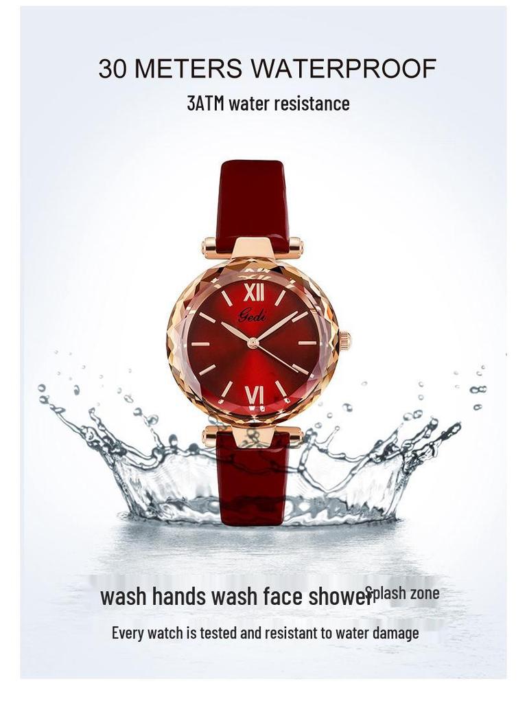 Gedi Damski Jasnoczerwony Skórzany Pasek Zegarek Kwarcowy Wodoodporny