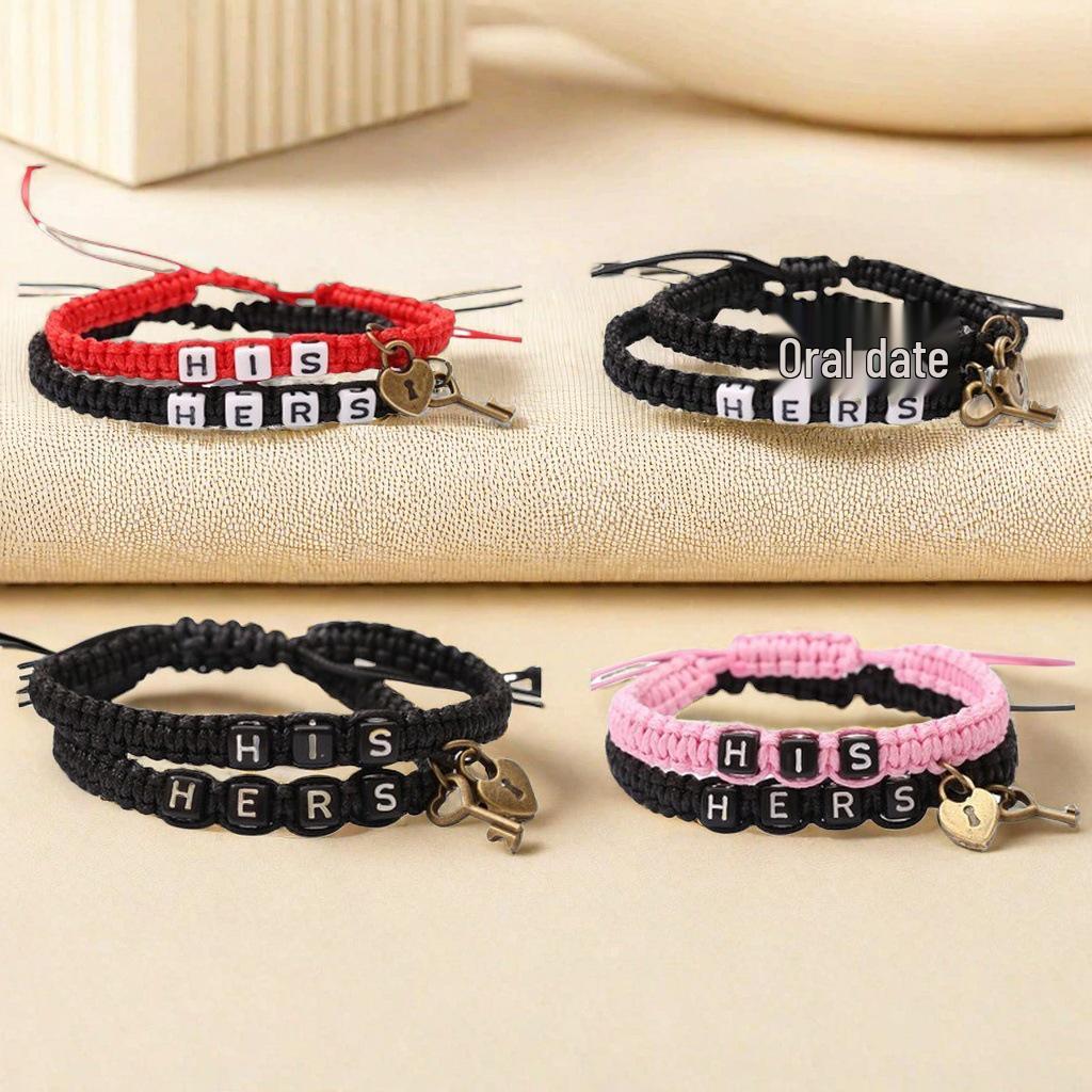 Trendy HIS HERS Couple Bracelet with Lock & Key Pendant and Woven Lanyard