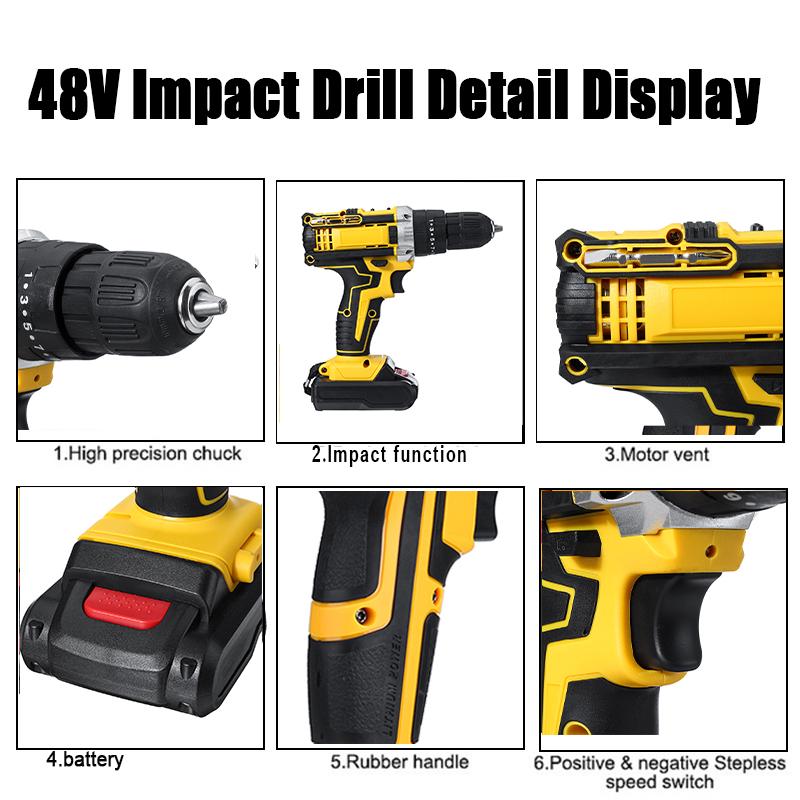 48V Mini 25+3 Torque Cordless Electric Impact Drill Screwdriver Wireless Power Driver DC With 2 Lithium-Ion Battery 3/8-Inches