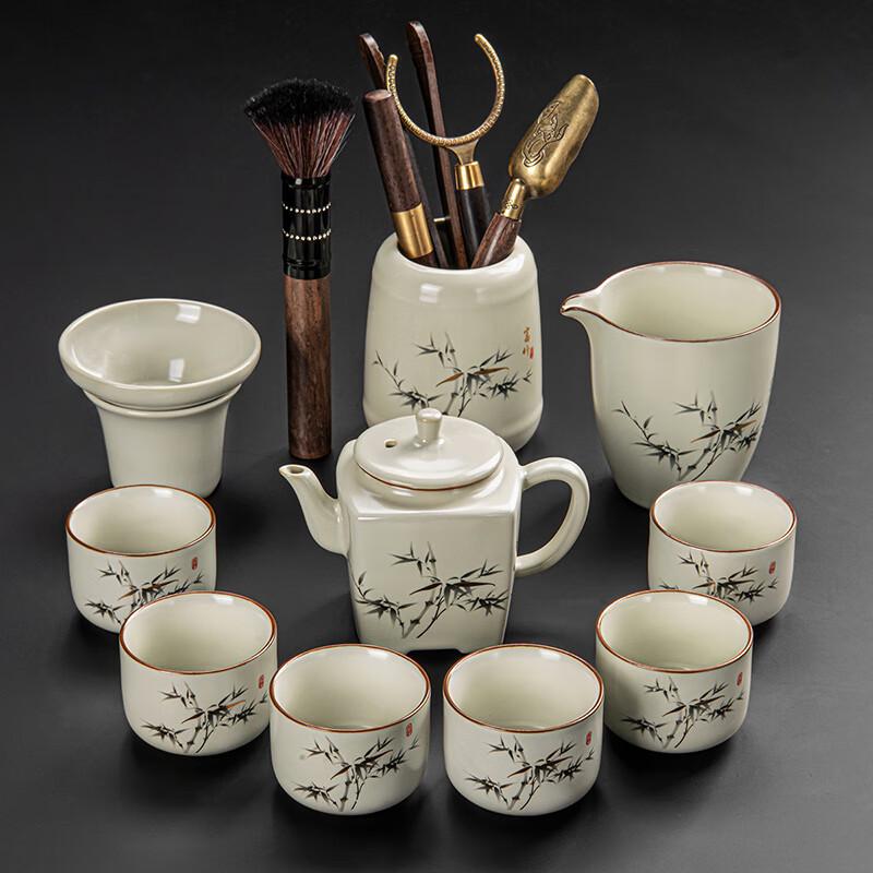 Ru Kiln Rich Bamboo Square Teapot & 6 Cups with 10-Piece Tea Ceremony Set