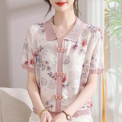 Elegant Floral Summer T-Shirt for Mid-Aged and Elderly Women - Short-Sleeve, Loose, Comfortable Fit
