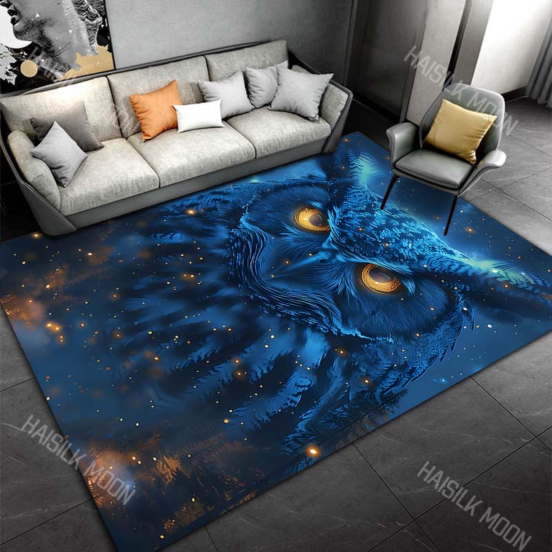 Blue owl night sky fireflies forest magical glow Carpet for Living Room Bedroom Home Decor Rus Non-slip Floor Mat Luxury Gift