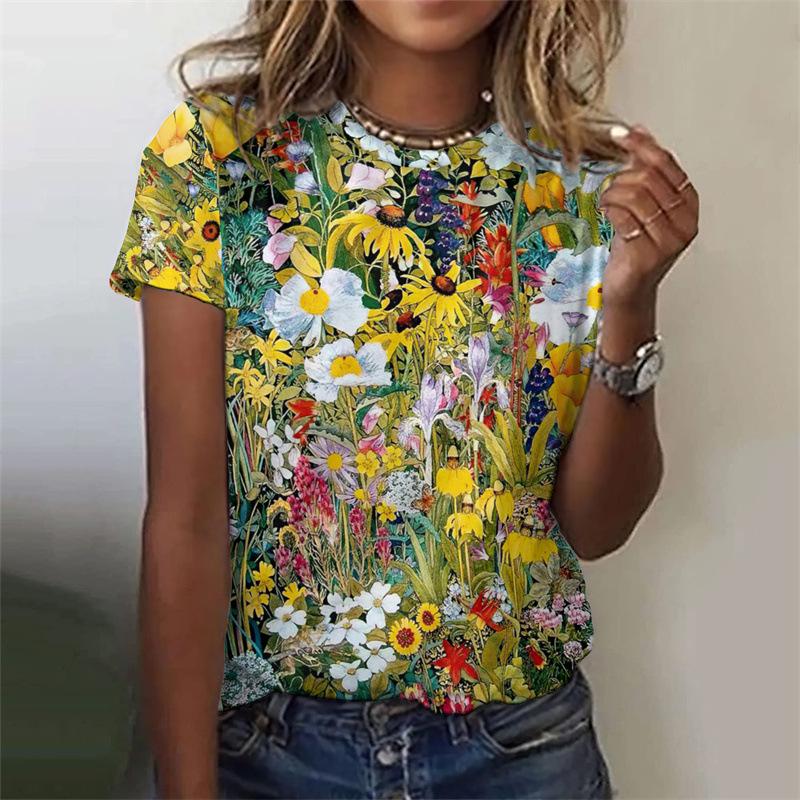 Plant Printed Harajuku 3D Summer Top Women's Colorful Floral Short Sleeved T-shirt