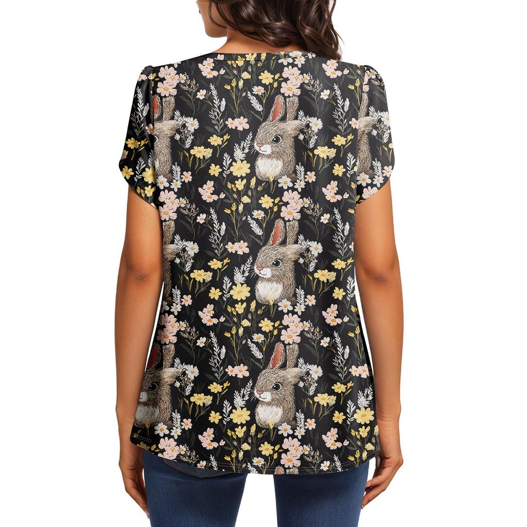 Women's Fashionable Round Neck Short Sleeve Printed Casual Basic Pleated Pullover T-shirt Top