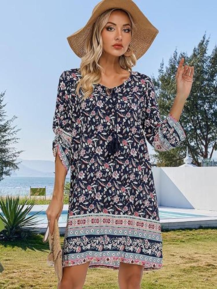 

Floral Print Black Dress with Bell Sleeves and Striped Hem, Casual Midi Dress for Women XXL темно-синього кольору