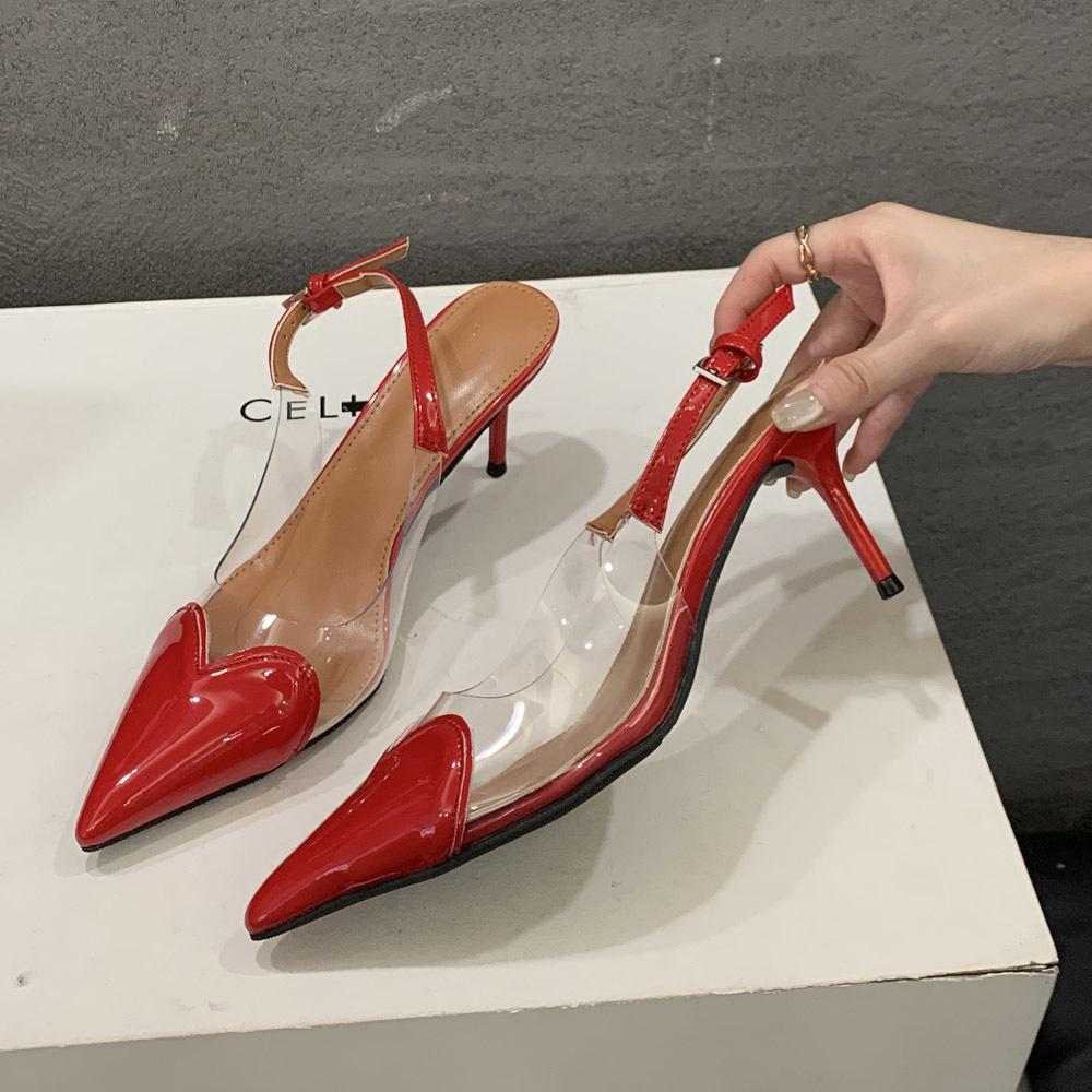 

Fashion Baotou Sandals 2025 New High-Heeled Women S Skinny Heel Pointed Metal Buckle After Empty French Temperament Shoes 35 красный