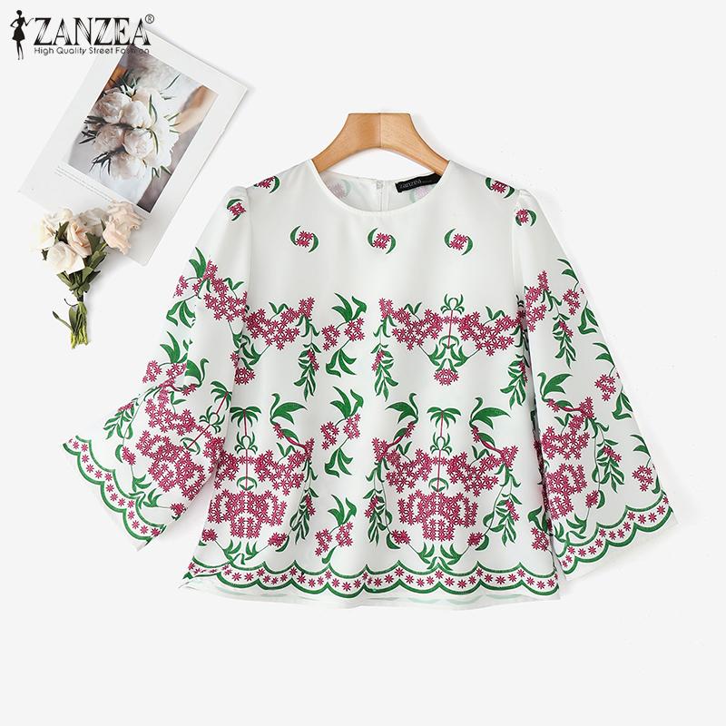 ZANZEA Women Casual Round Neck 3/4 Sleeve Loose Summer Print Blouse
