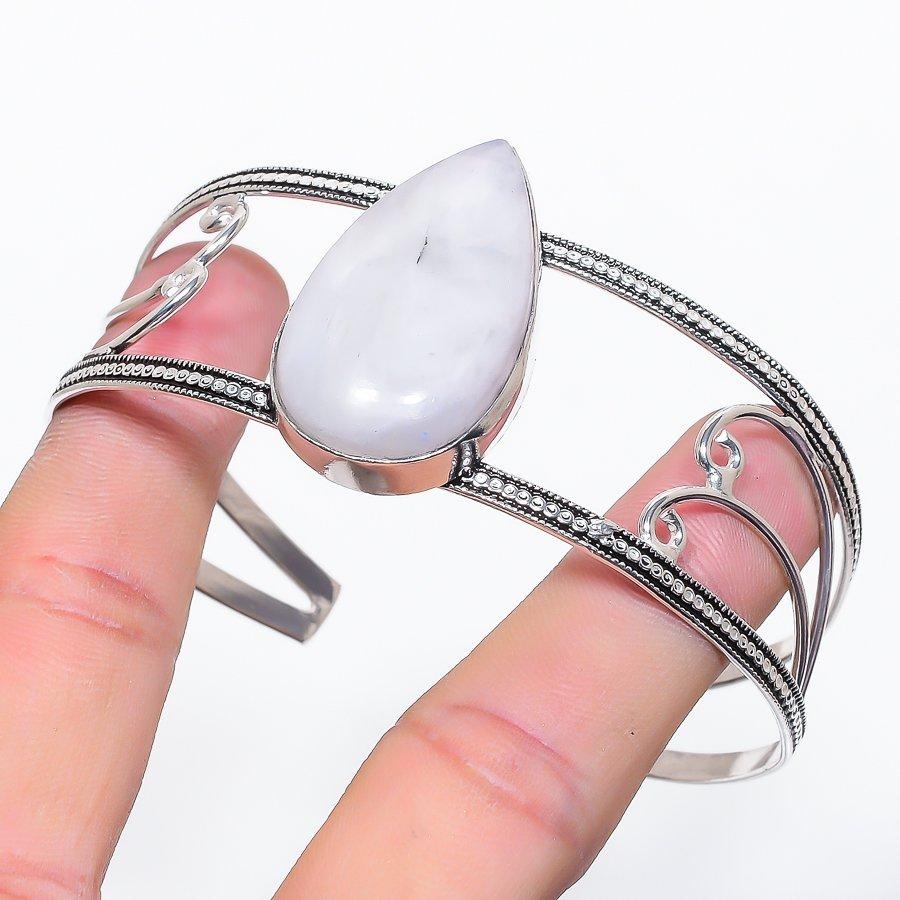 Natural Moonstone Gemstone 925 Sterling Silver Cuff Bangle Adjustable T5z26