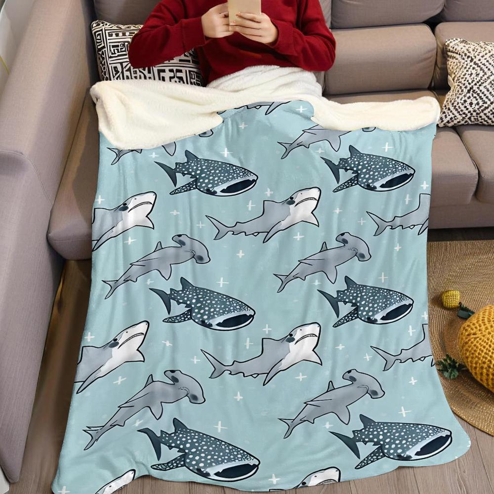 Cartoon Shark School Flannel Blanket Warm Soft Halloween Christmas Couch Warm Cozy Decorative Decor Gift For All Season