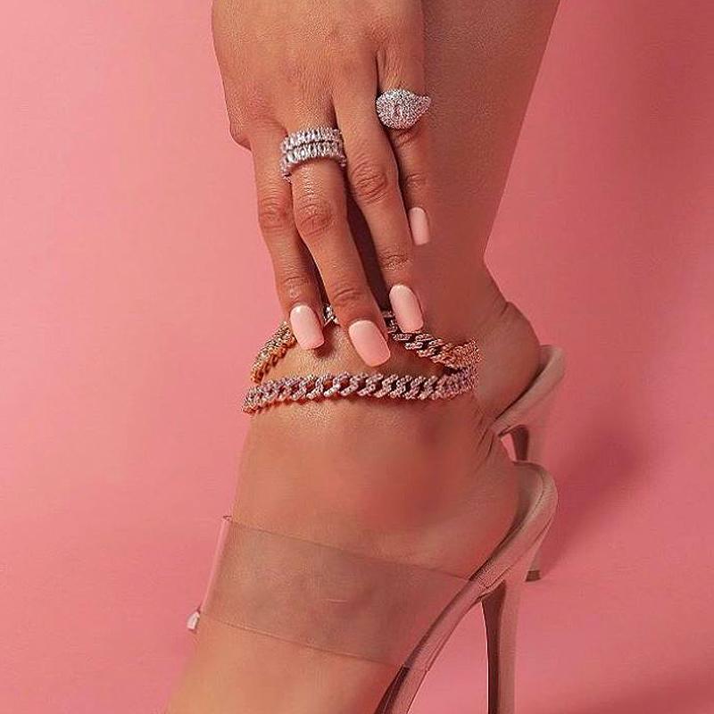 9MM Iced Out Bling CZ Miami Cuban Link Chain Anklet Rose Pink Stone Miami Anklet Silver Plated Hip Hop Women Fashion Jewelry